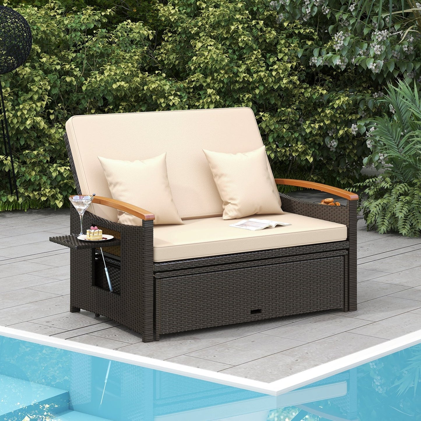 Outdoor Wicker Daybed Rattan Woven Loveseat with Storage Ottoman-Beige