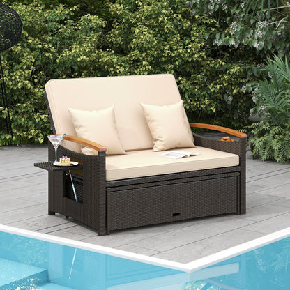 Outdoor Wicker Daybed Rattan Woven Loveseat with Storage Ottoman-Beige