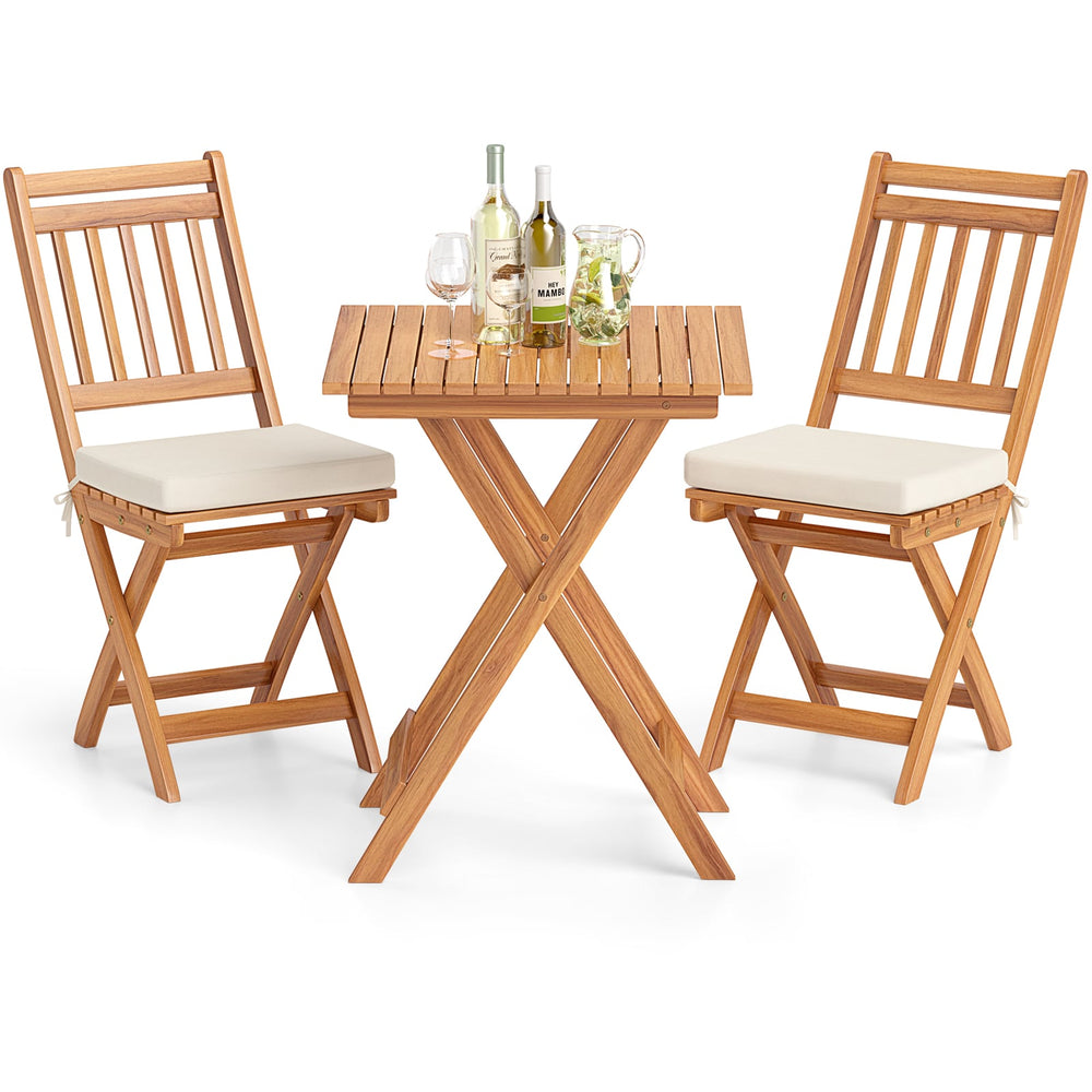 3 Pieces Outdoor Acacia Wood Bistro Set with Seat Cushions and High Back Armless Chairs-Vertical-Slatted Back