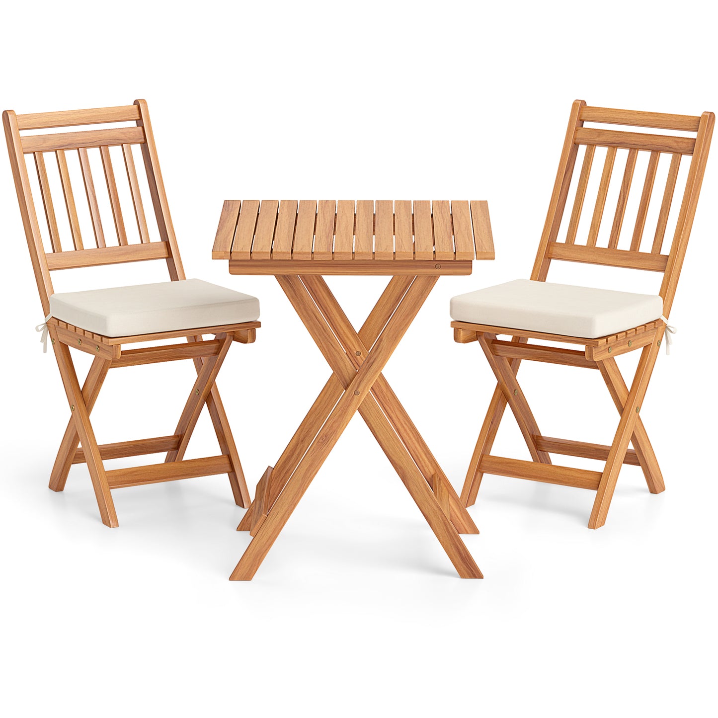 3 Pieces Outdoor Acacia Wood Bistro Set with Seat Cushions and High Back Armless Chairs-Vertical-Slatted Back