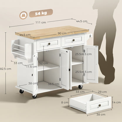 HOMCOM Kitchen Island on Wheels, Rolling Kitchen Storage Trolley with Rubber Wood Top, Drawers, Adjustable Shelves, Cream White