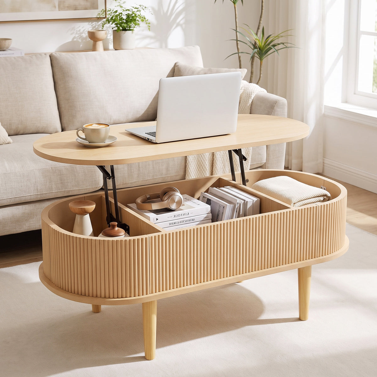 Oval Lift Top Coffee Table with Storage Fluted Design and Raised Wood Feet-Narural