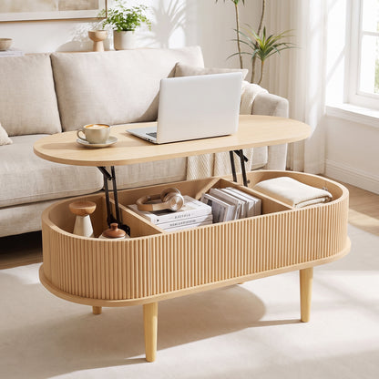 Oval Lift Top Coffee Table with Storage Fluted Design and Raised Wood Feet-Narural