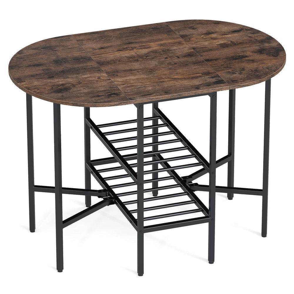 Oval dining table with 2 folding side panels and a metal frame for 4 people-Rustic Brown