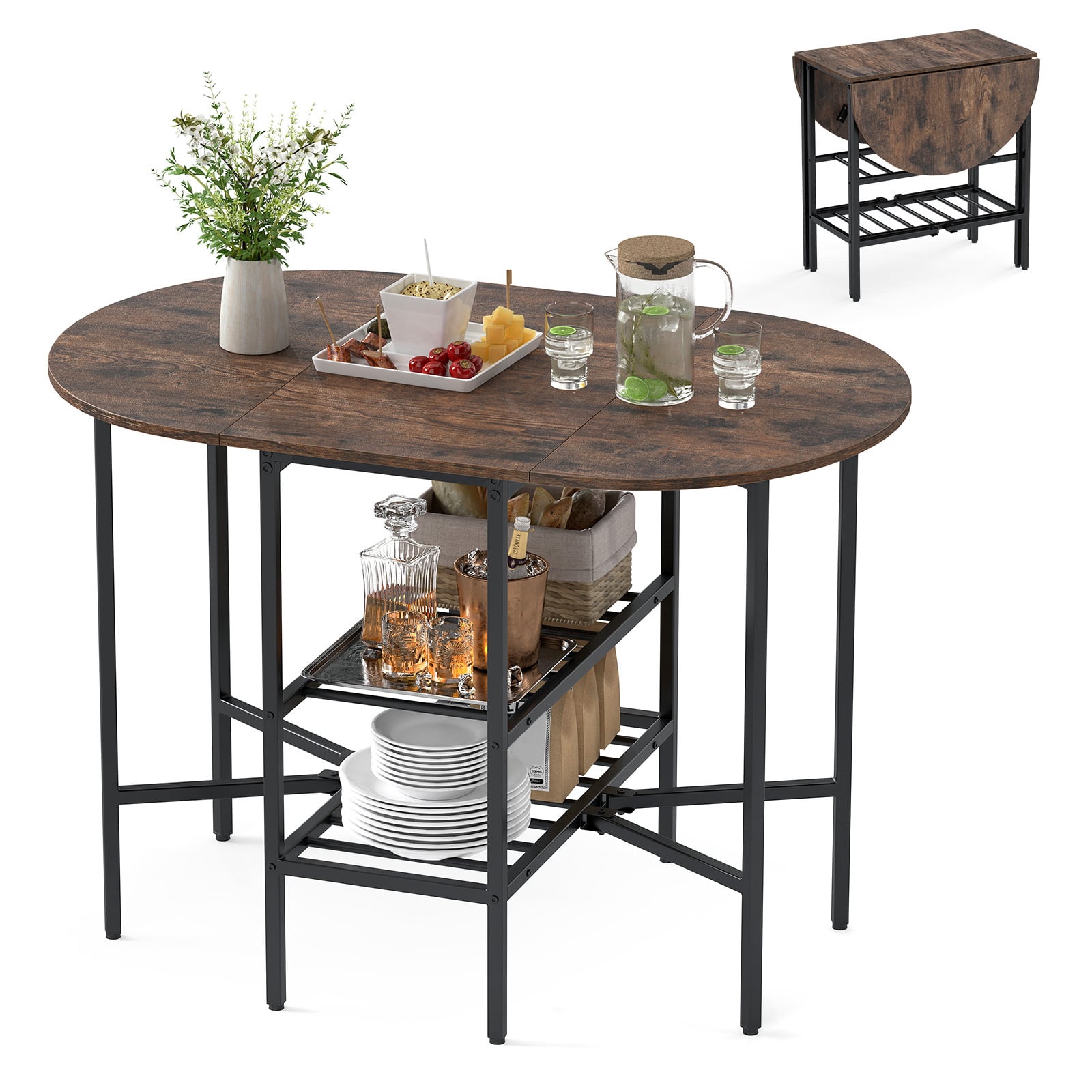 Oval dining table with 2 folding side panels and a metal frame for 4 people-Rustic Brown