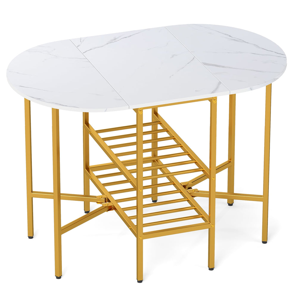 Oval dining table with 2 folding side panels and a metal frame for 4 people-White