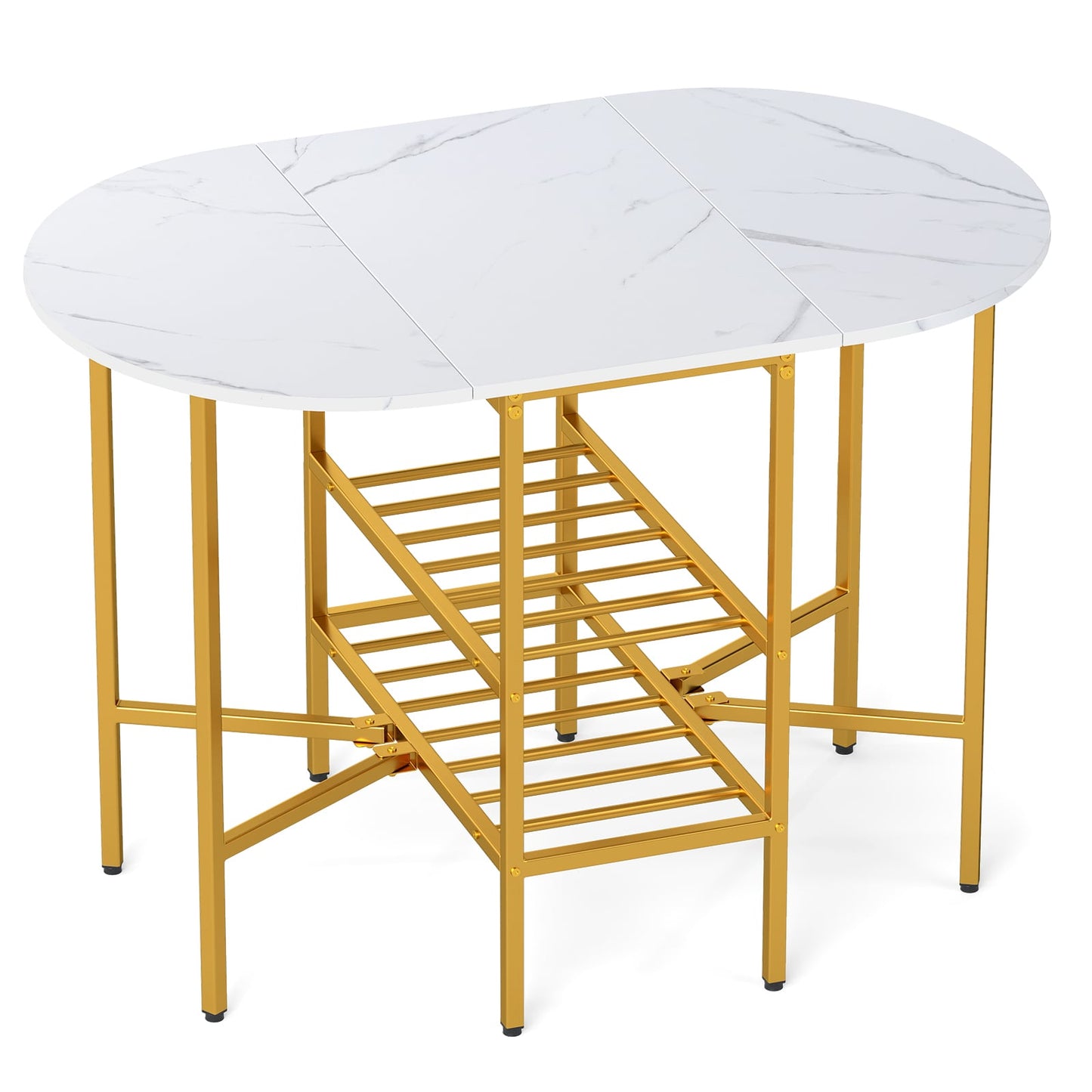 Oval dining table with 2 folding side panels and a metal frame for 4 people-White