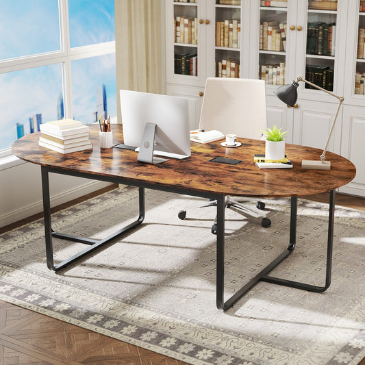 240 CM Oval Conference Table, Meeting Table with Dual Cable Holes-Rustic Brown