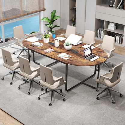 240 CM Oval Conference Table, Meeting Table with Dual Cable Holes-Rustic Brown