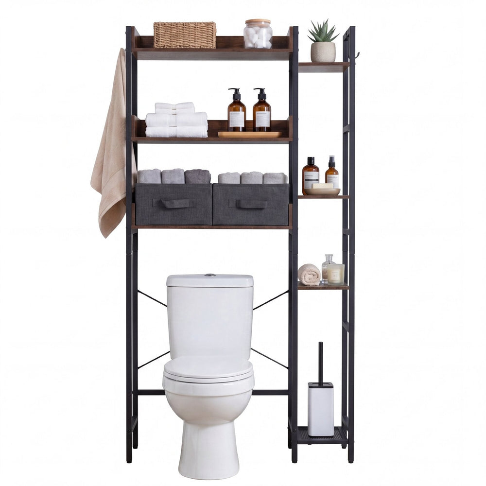 Over Toilet Storage Rack with 2 Fabric Drawers and 4 Hooks for Bathroom-Rustic Brown