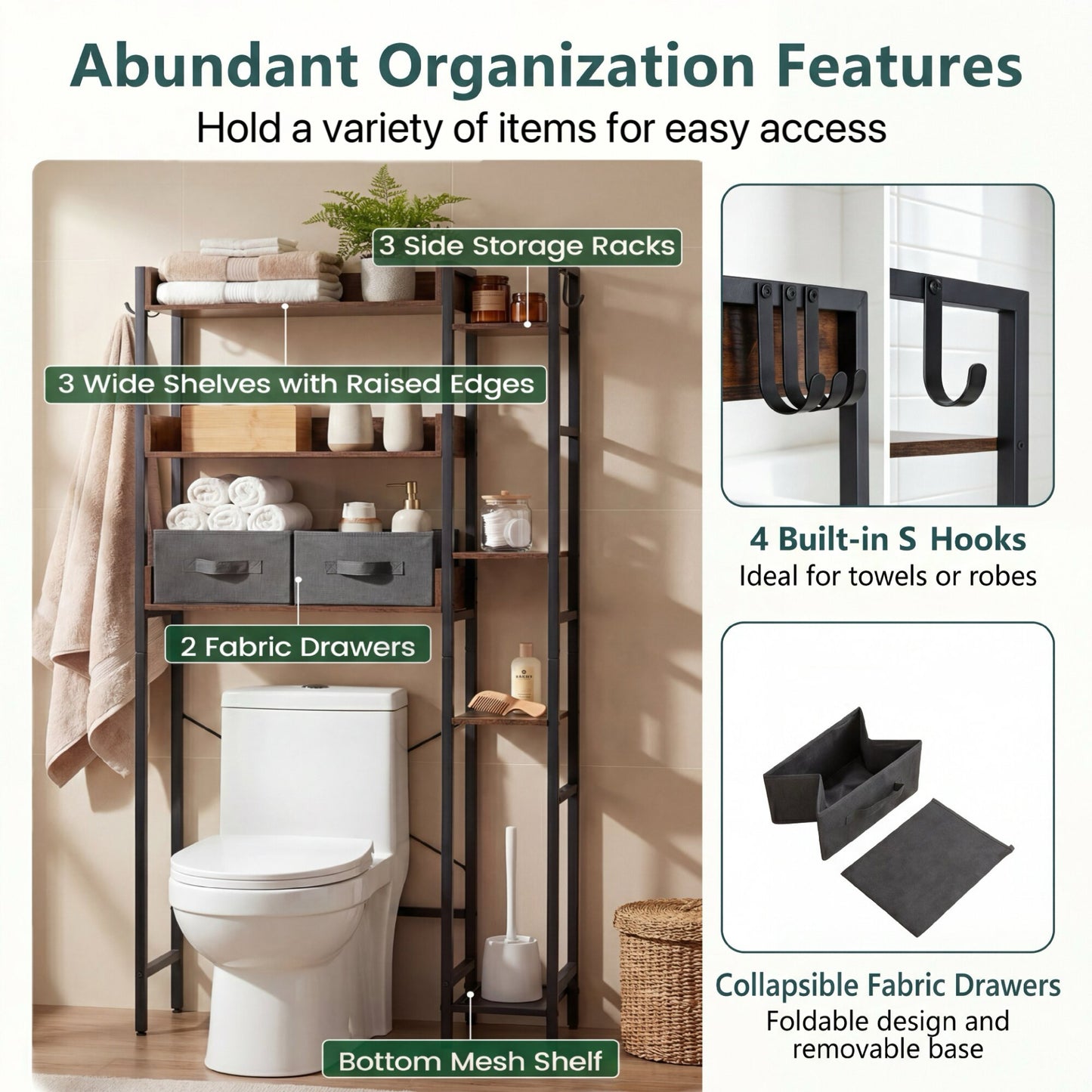 Over Toilet Storage Rack with 2 Fabric Drawers and 4 Hooks for Bathroom-Rustic Brown