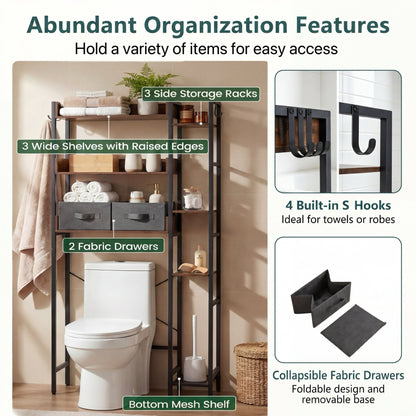 Over Toilet Storage Rack with 2 Fabric Drawers and 4 Hooks for Bathroom-Rustic Brown