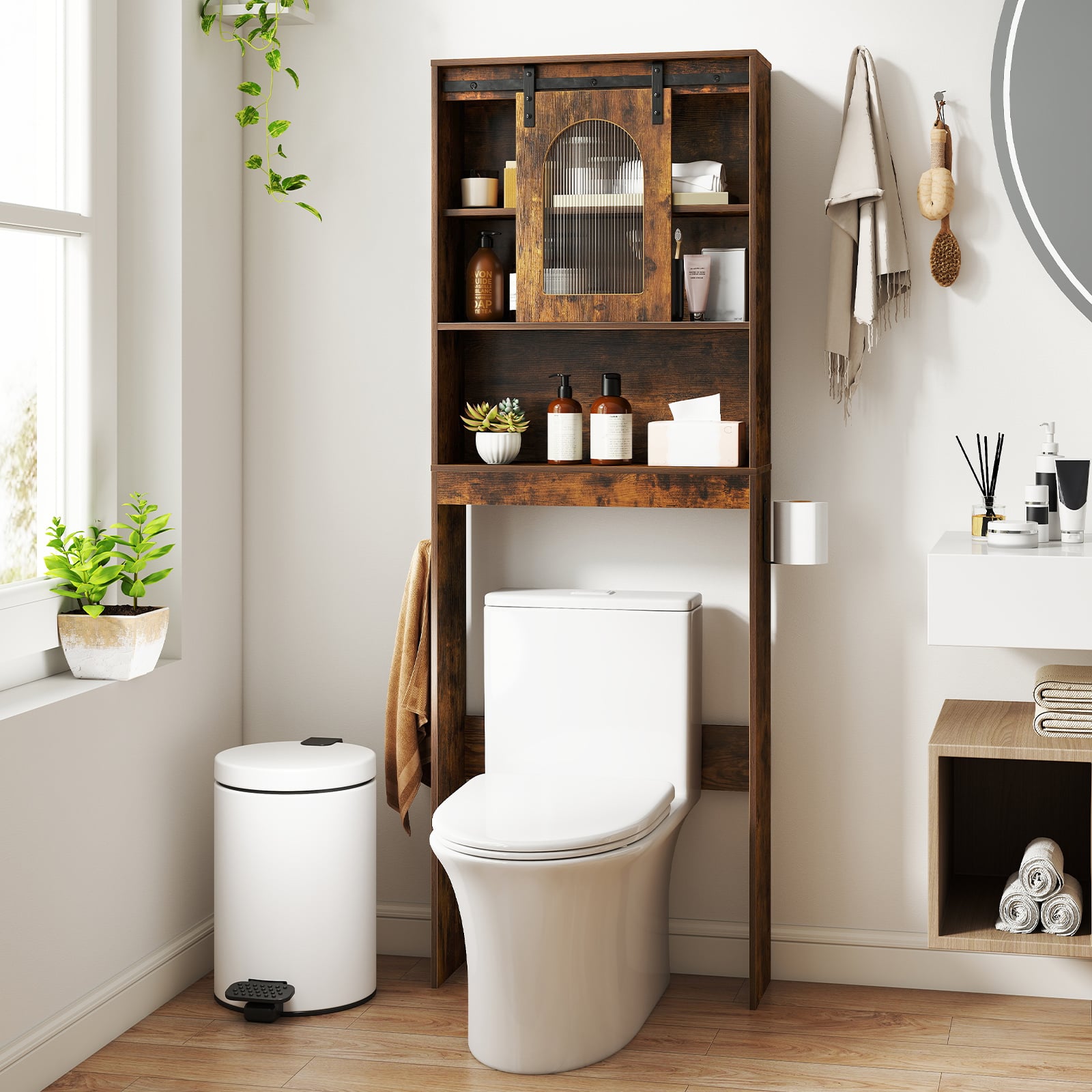 Over the Toilet Storage Cabinet with Toilet Paper Holder-Rustic Brown