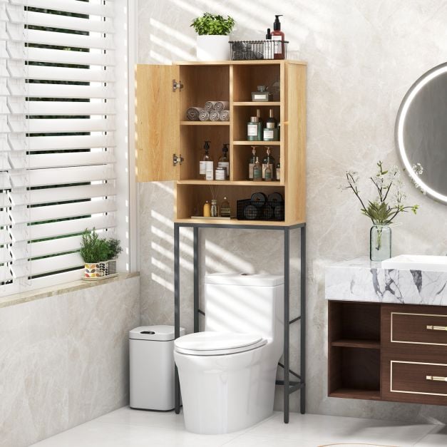 Over The Toilet Storage Cabinet with Rattan Doors and Shelves-Natural