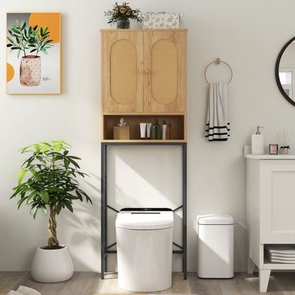 Over The Toilet Storage Cabinet with Rattan Doors and Shelves-Natural