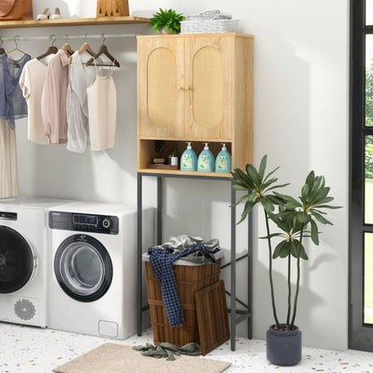 Over The Toilet Storage Cabinet with Rattan Doors and Shelves-Natural