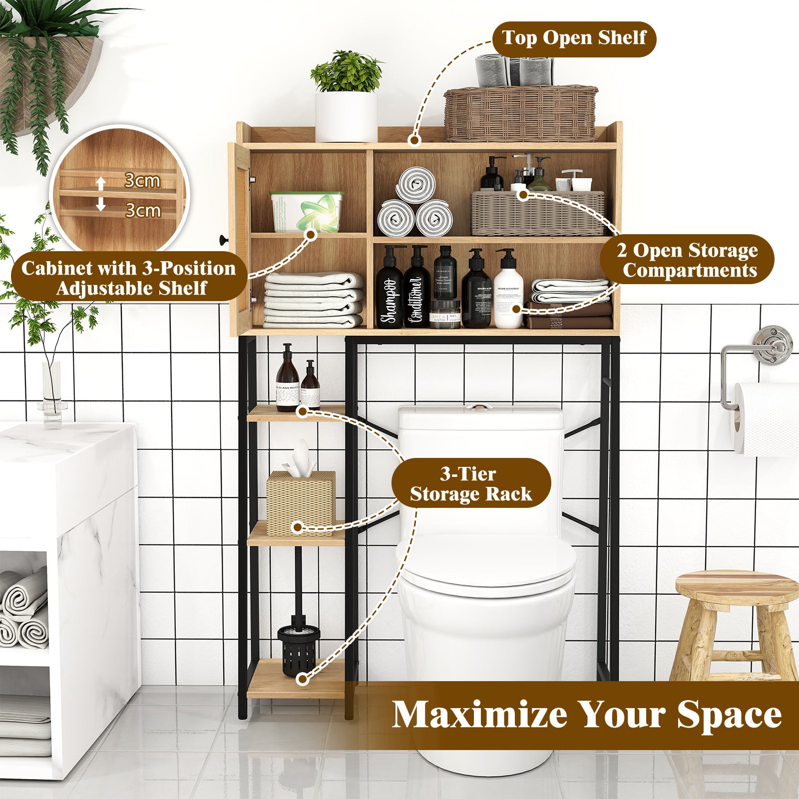 Over The Toilet Storage Cabinet with Sturdy Metal Frame and Adjustable Shelf-Natural