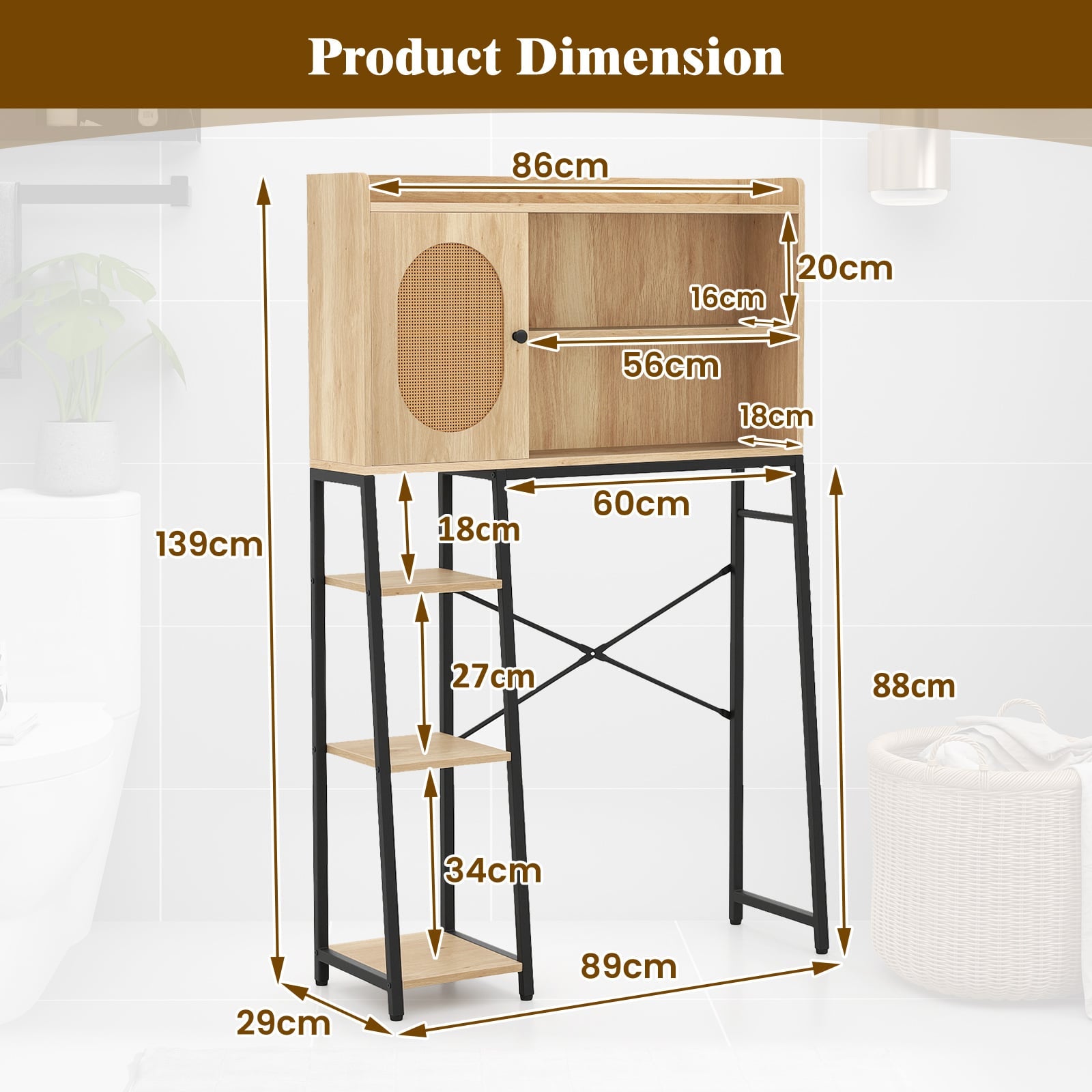 Over The Toilet Storage Cabinet with Sturdy Metal Frame and Adjustable Shelf-Natural