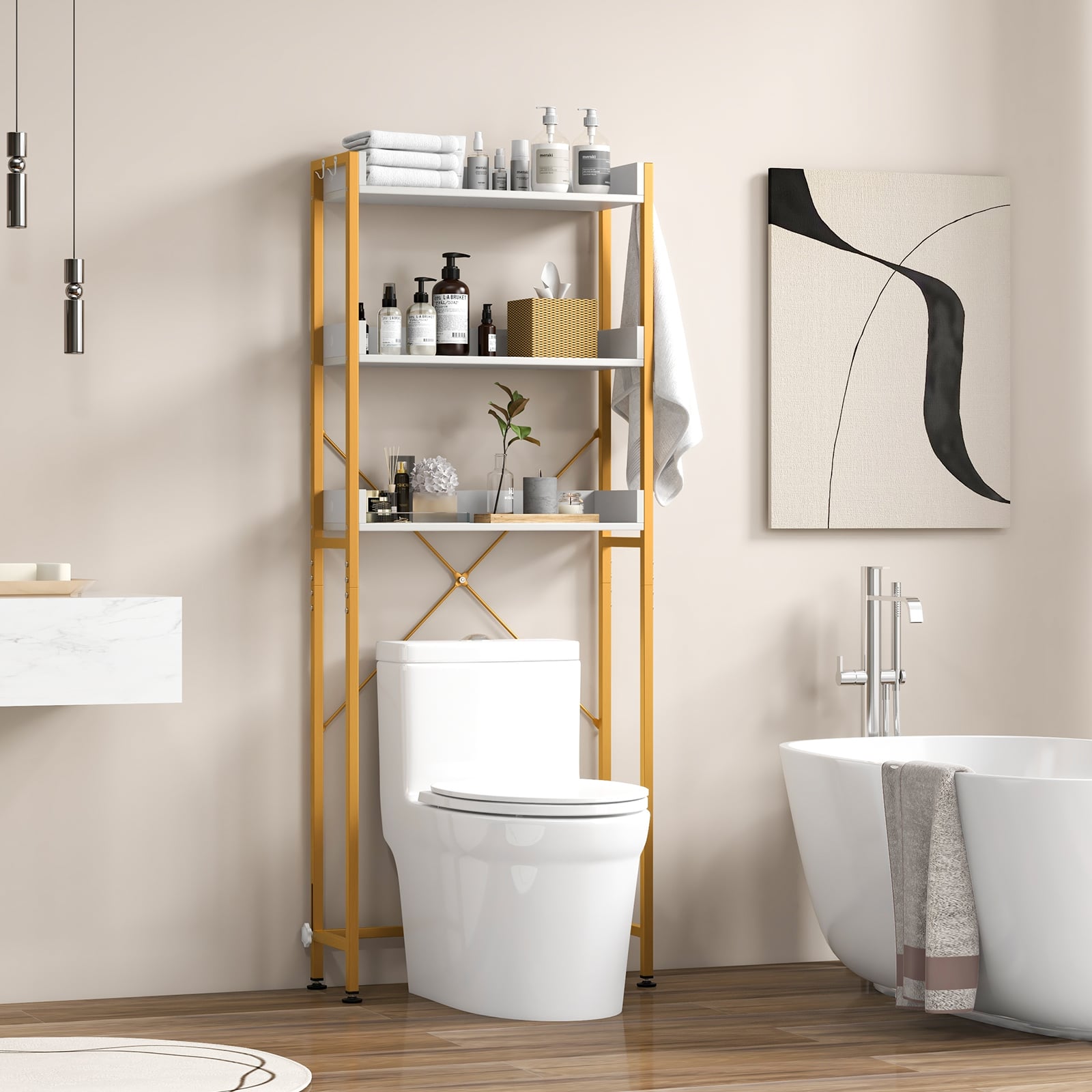 3-Tier Over The Toilet Storage Rack with 4 Hooks and Adjustable Bottom Bar-White