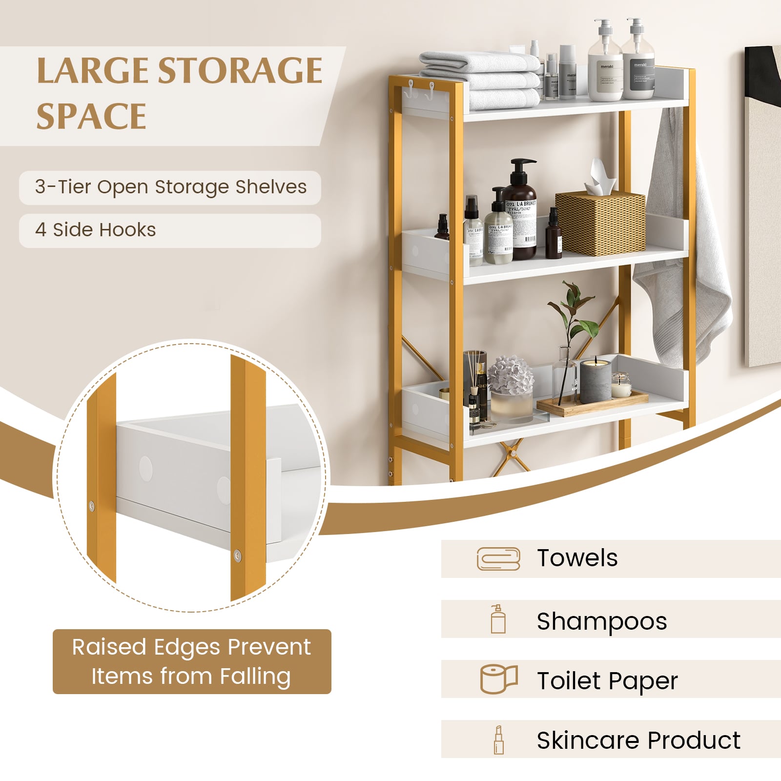3-Tier Over The Toilet Storage Rack with 4 Hooks and Adjustable Bottom Bar-White