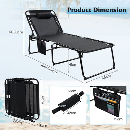 Oversize Folding Chaise Lounge with Adjustable Backrest and Detachable Pillow-Black