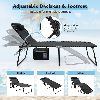 Oversize Folding Chaise Lounge with Adjustable Backrest and Detachable Pillow-Black