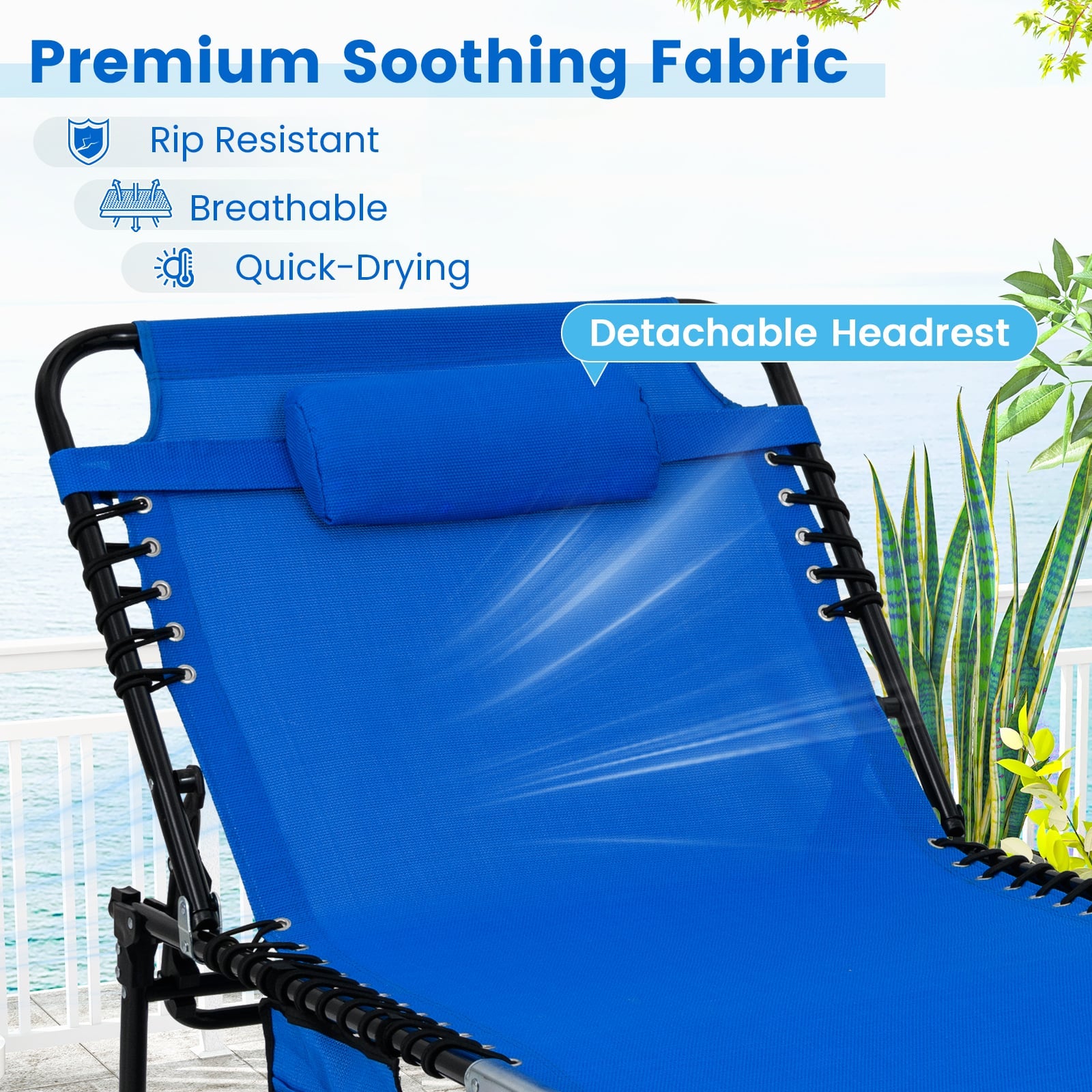Oversize Folding Chaise Lounge with Adjustable Backrest and Detachable Pillow-Blue
