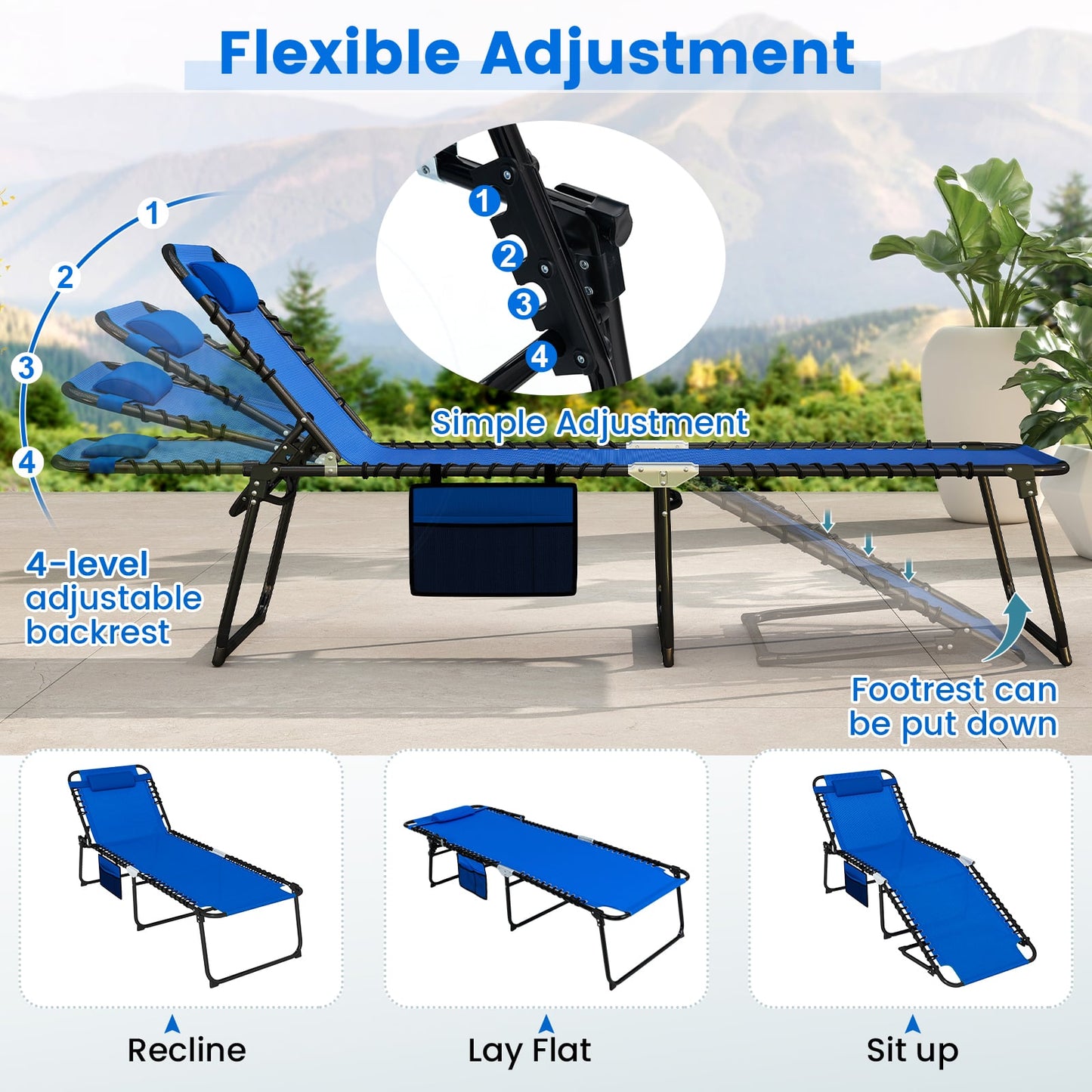 Oversize Folding Chaise Lounge with Adjustable Backrest and Detachable Pillow-Blue