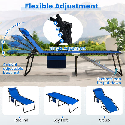 Oversize Folding Chaise Lounge with Adjustable Backrest and Detachable Pillow-Blue
