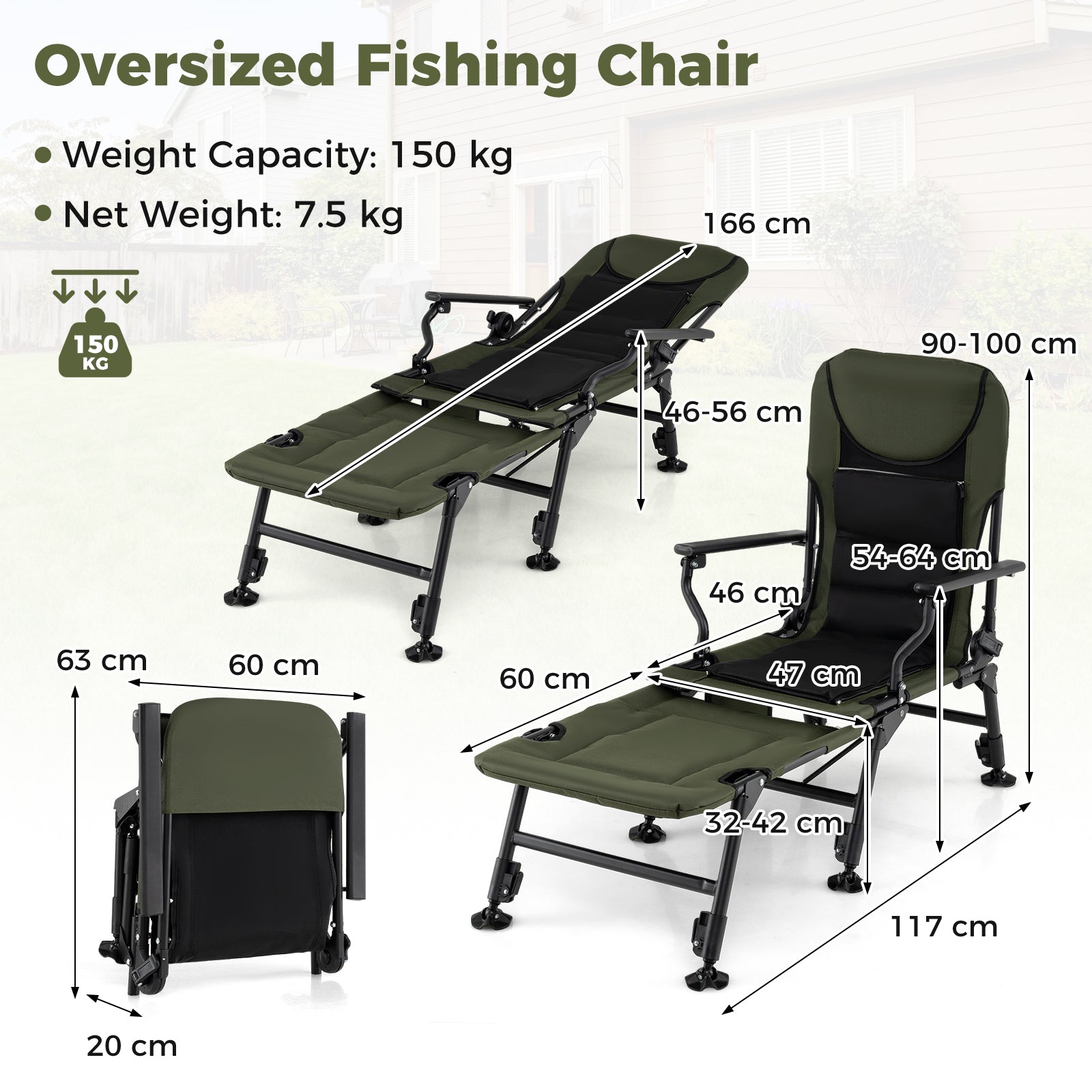 Oversized Foldable Fishing Chair for Adults All-Terrain Camping Chair-Green
