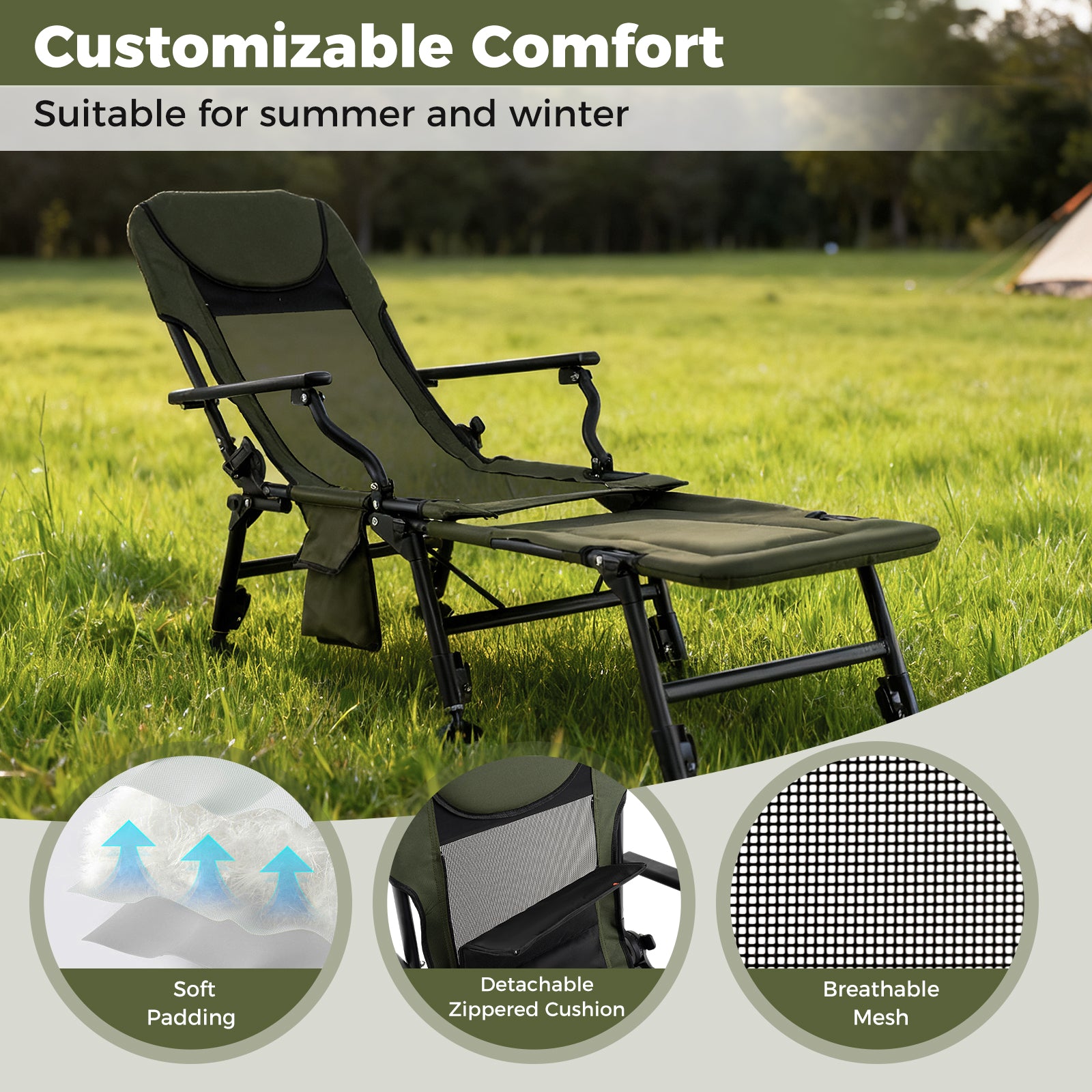Oversized Foldable Fishing Chair for Adults All-Terrain Camping Chair-Green