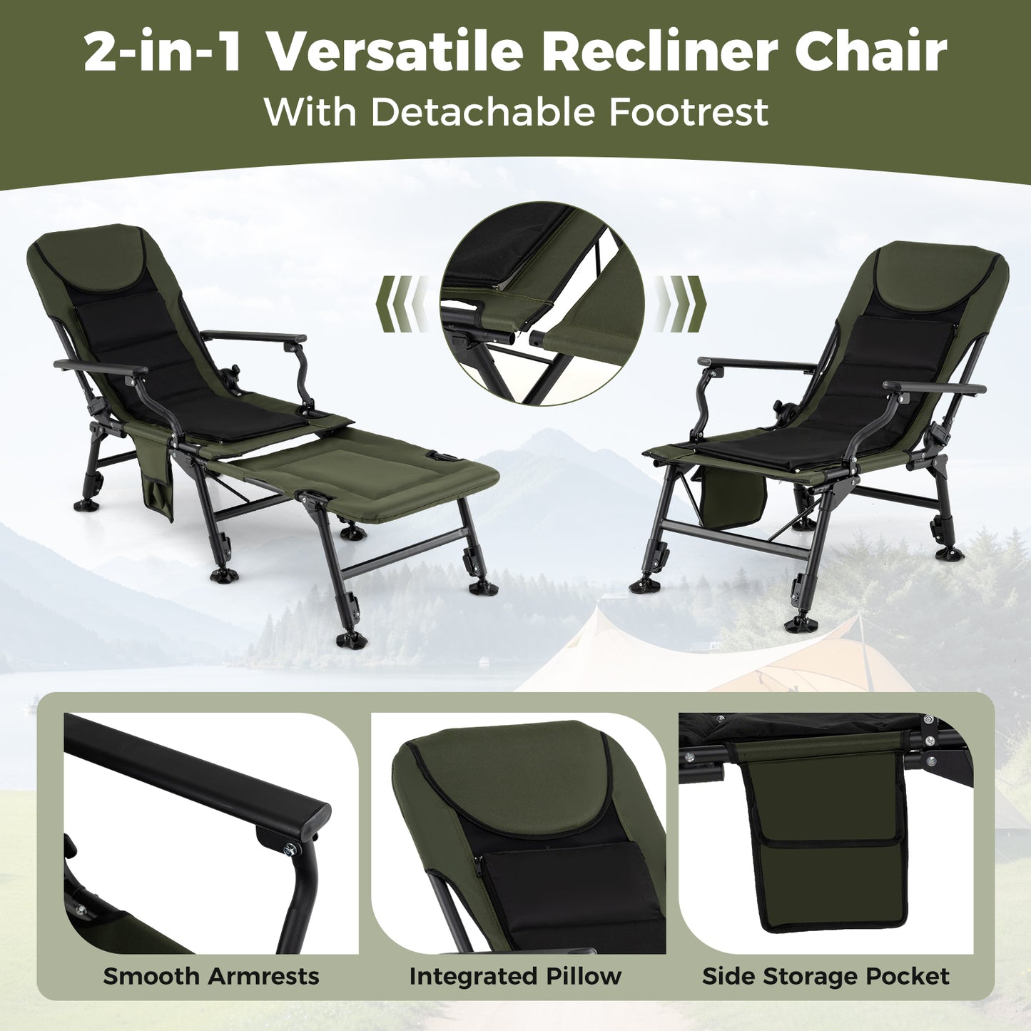 Oversized Foldable Fishing Chair for Adults All-Terrain Camping Chair-Green