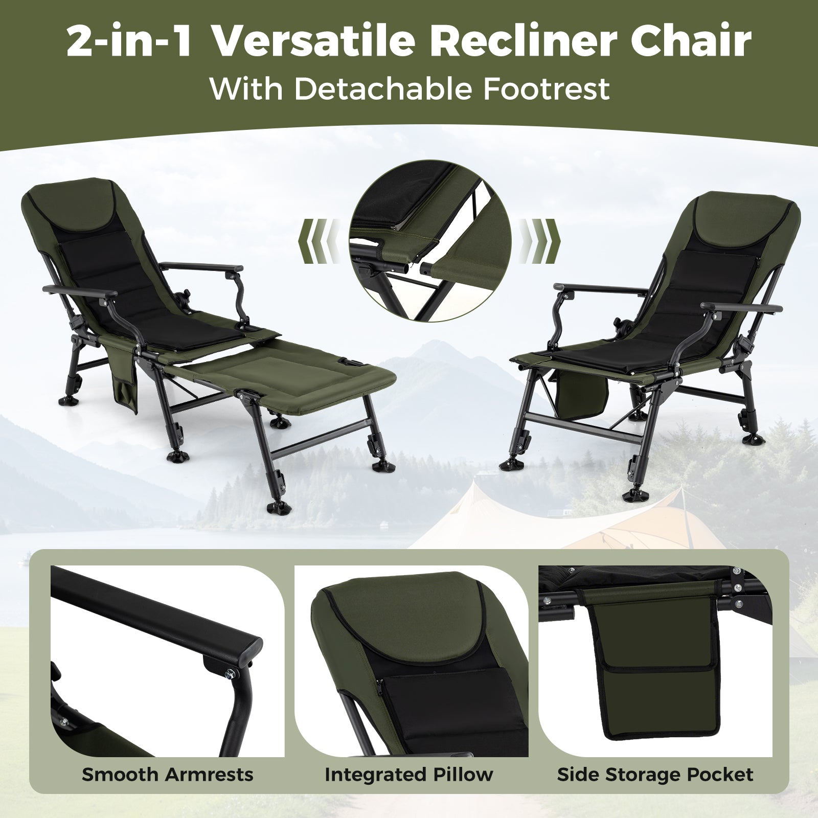 Oversized Foldable Fishing Chair for Adults All-Terrain Camping Chair-Green