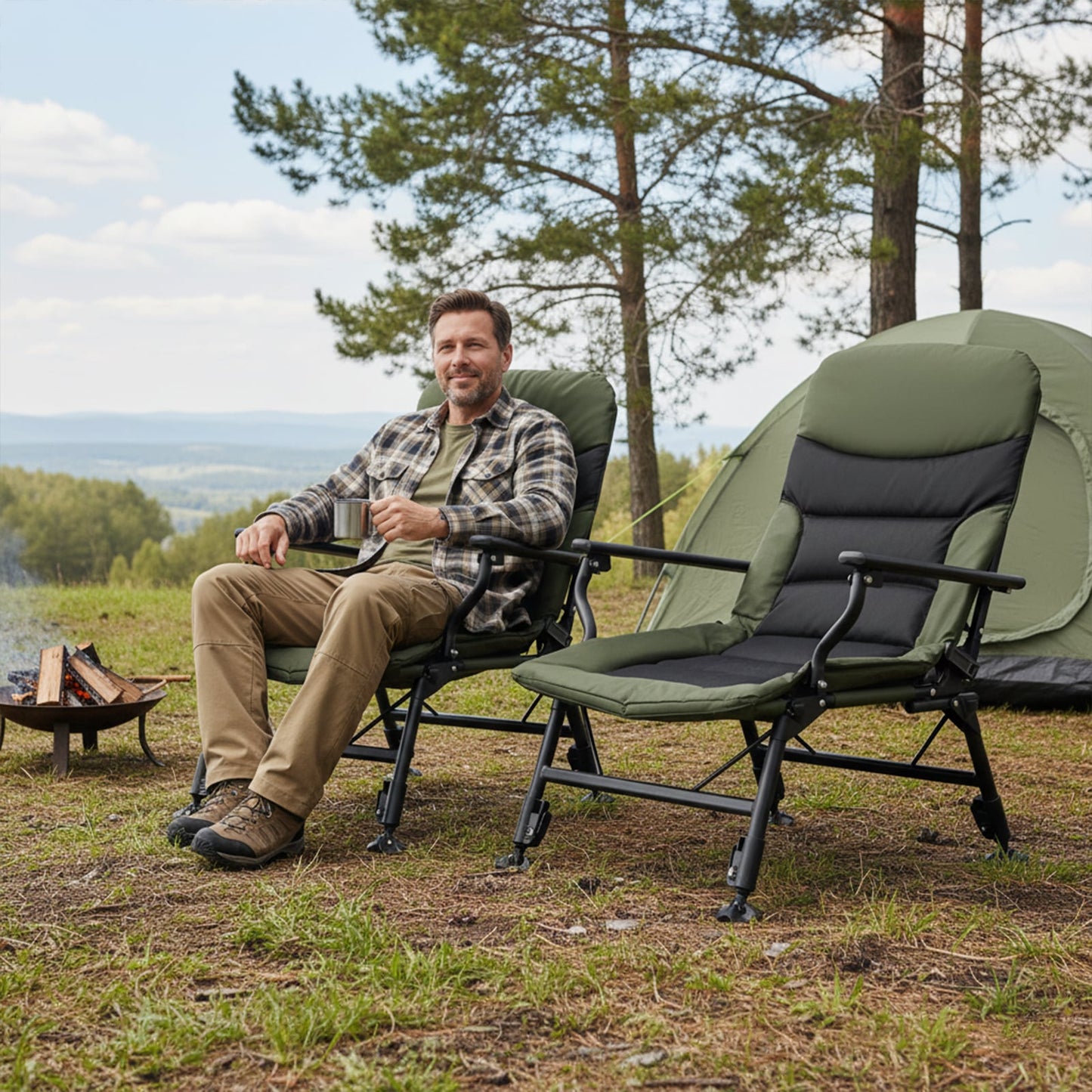 Oversized Foldable Fishing Chair for Adults Heavy Duty All-Terrain Camping Chair-Green