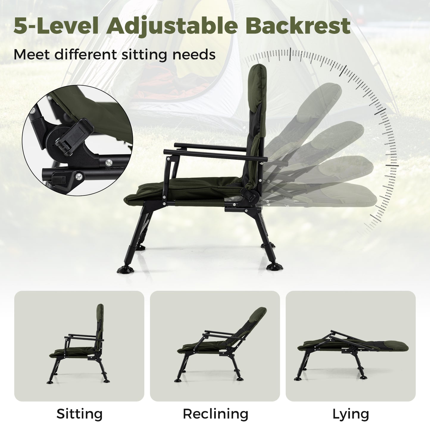 Oversized Foldable Fishing Chair for Adults Heavy Duty All-Terrain Camping Chair-Green