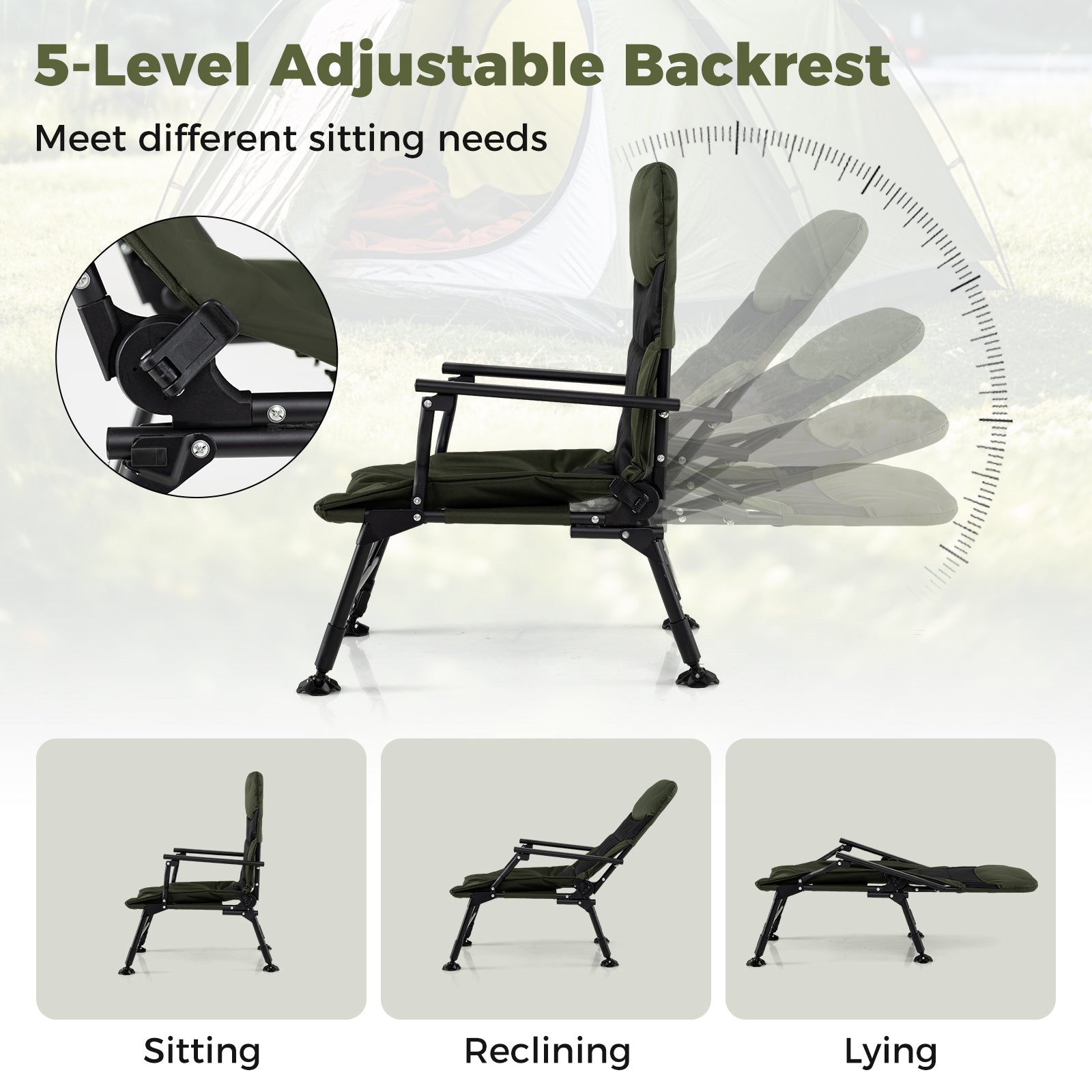 Oversized Foldable Fishing Chair for Adults Heavy Duty All-Terrain Camping Chair-Green