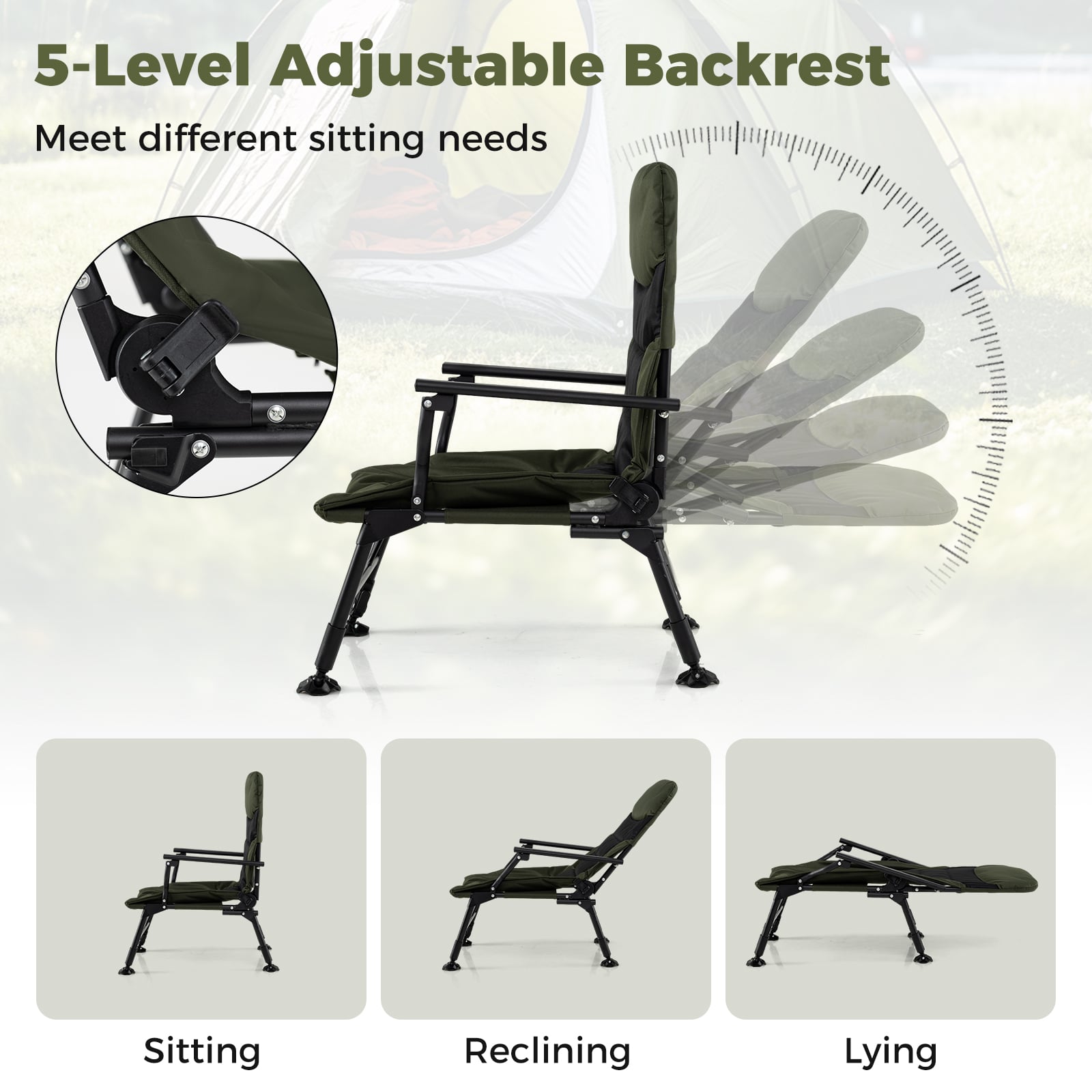 Oversized Foldable Fishing Chair for Adults Heavy Duty All-Terrain Camping Chair-Green