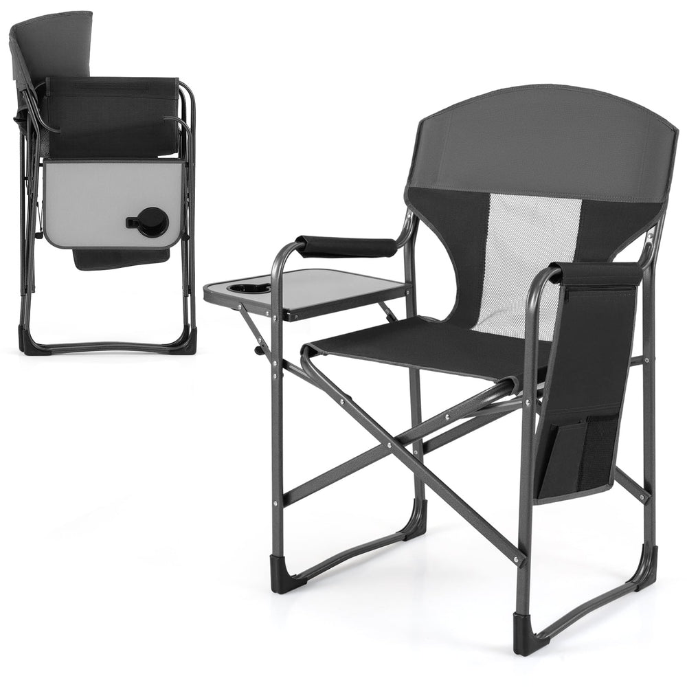 Oversized Padded Folding Camping Chair with Side Table-Black