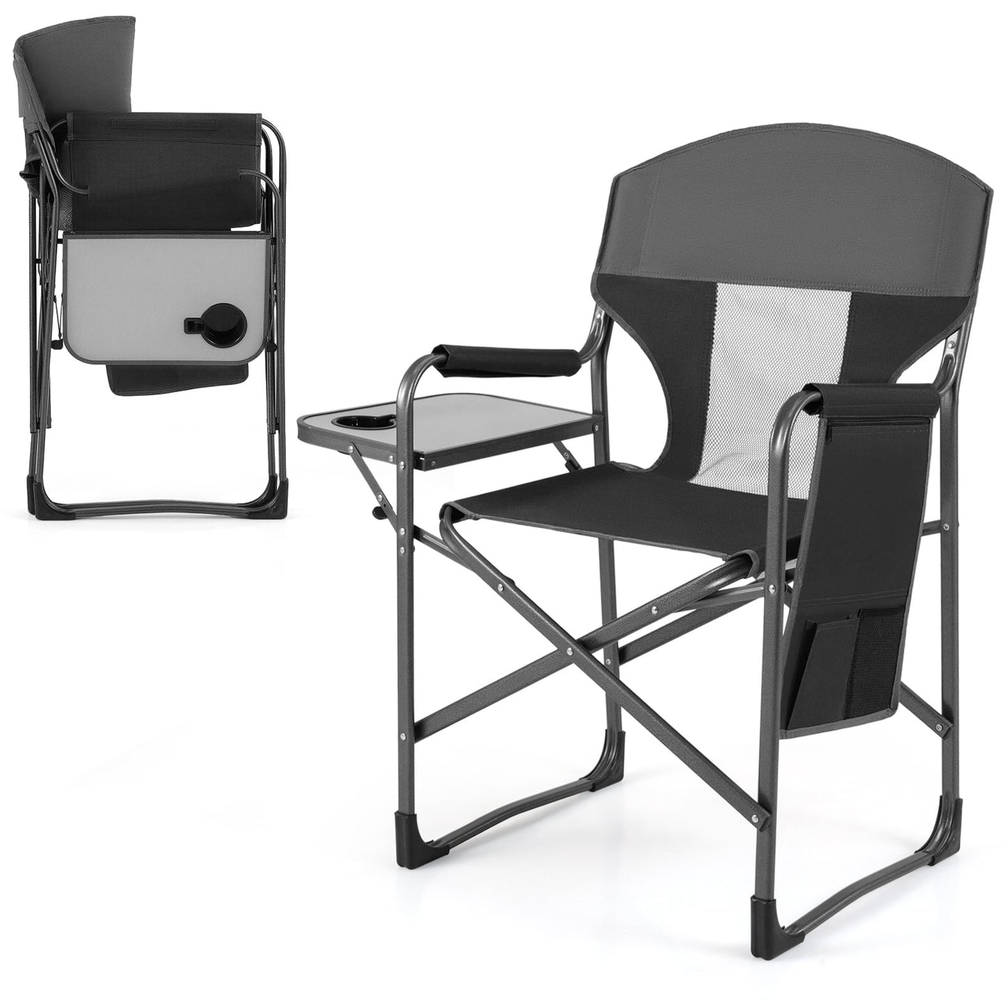 Oversized Padded Folding Camping Chair with Side Table-Black