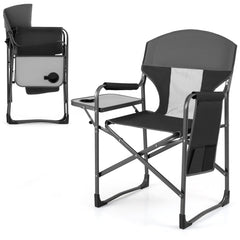 Oversized Padded Folding Camping Chair with Side Table-Black