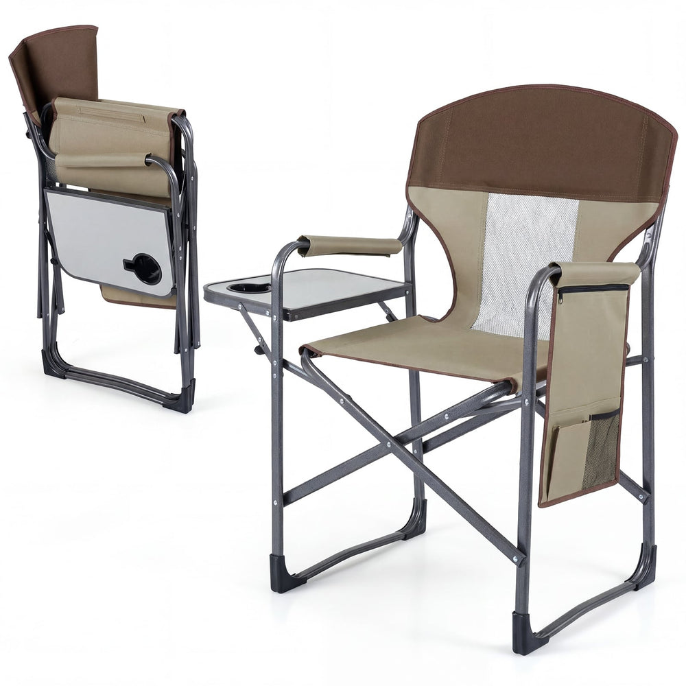 Oversized Padded Folding Camping Chair with Side Table-Brown