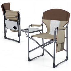 Oversized Padded Folding Camping Chair with Side Table-Brown