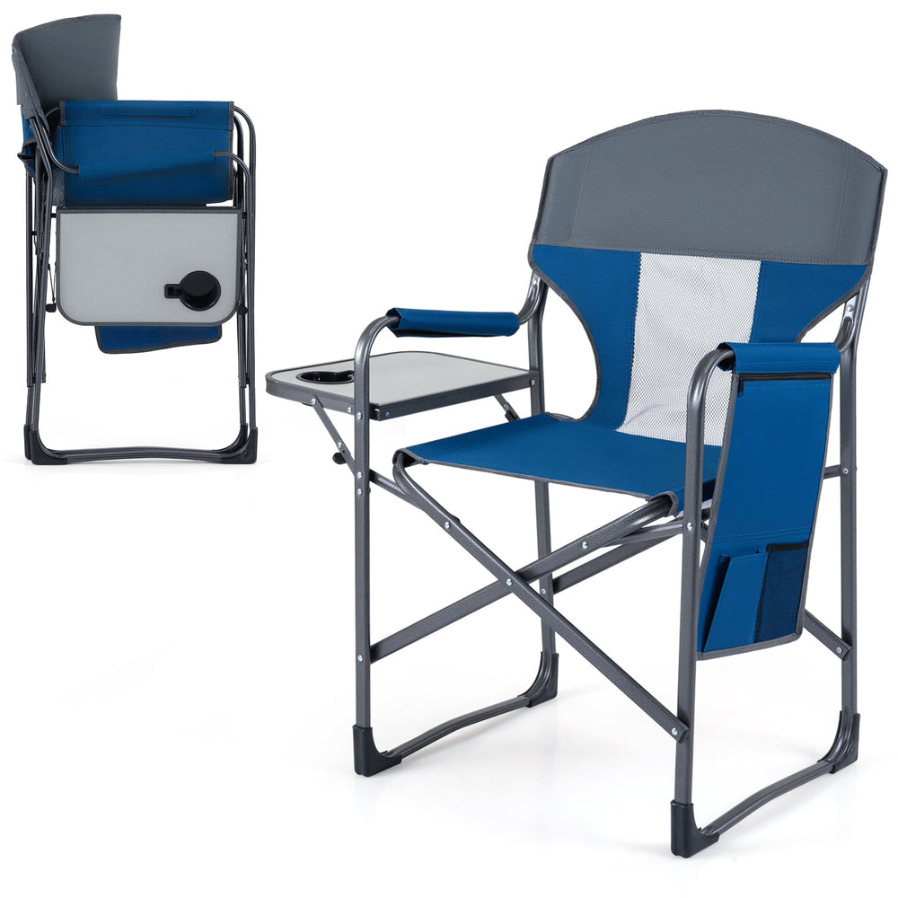 Oversized Padded Folding Camping Chair with Side Table-Navy