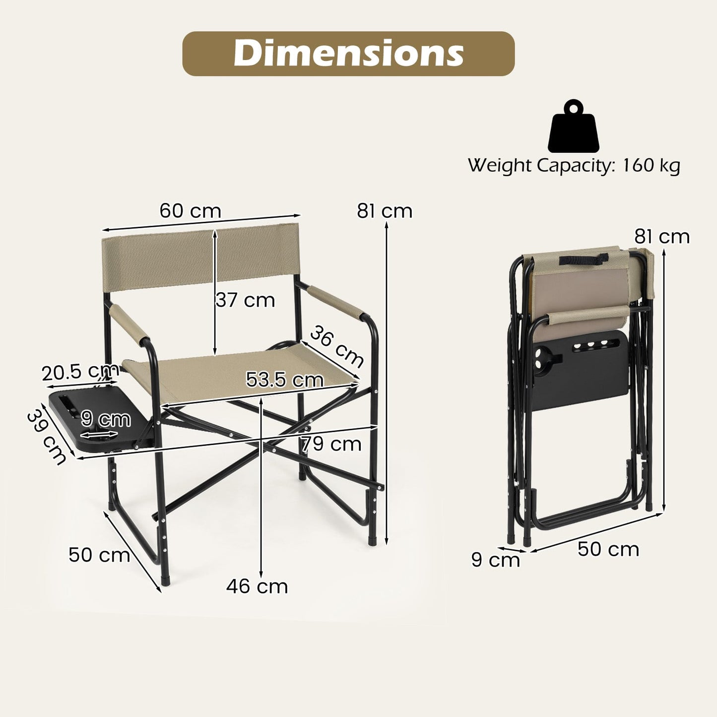 Oversized Portable Directors Chair with Side Table and Cup Holder for Adults-Brown