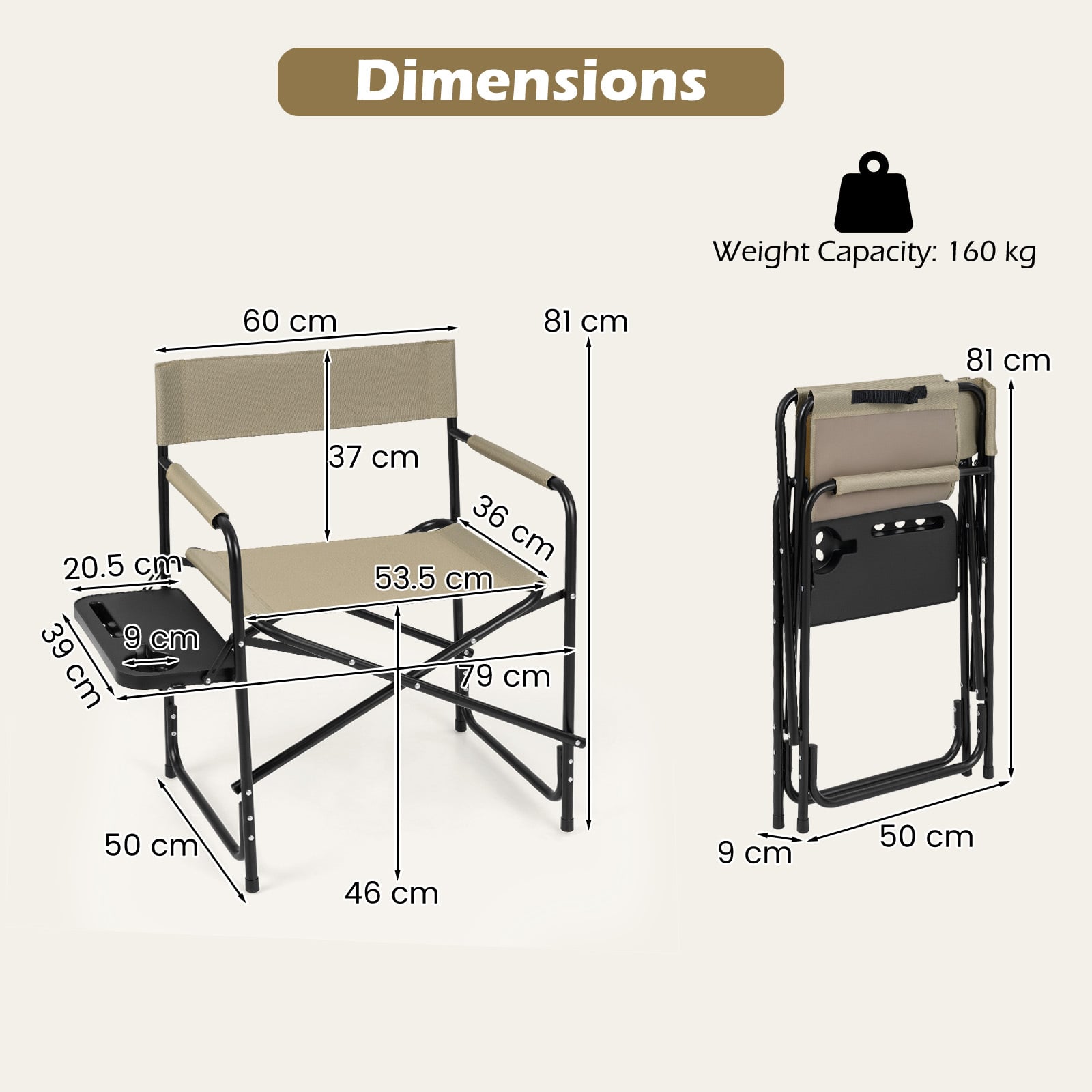 Oversized Portable Directors Chair with Side Table and Cup Holder for Adults-Brown