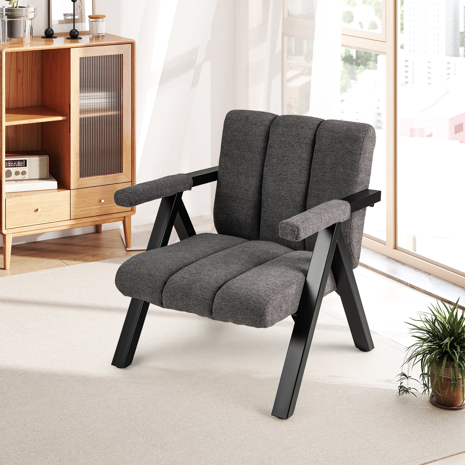 Oversized Accent Chair Upholstered with Metal Frame and Armrests-Grey