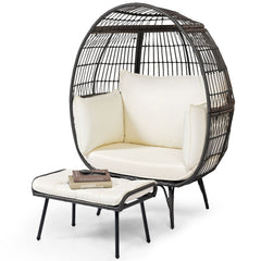 Patio Oversized Egg Chair with Ottoman and Soft Cushions-Off White