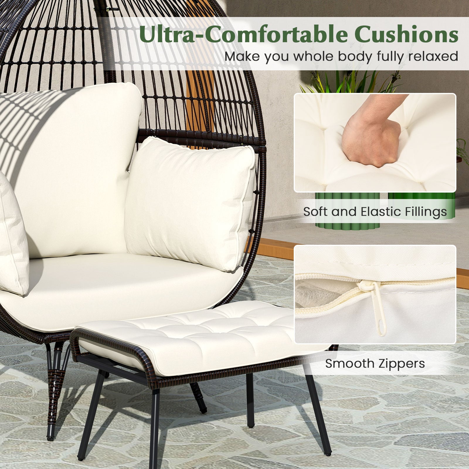 Patio Oversized Egg Chair with Ottoman and Soft Cushions-Off White