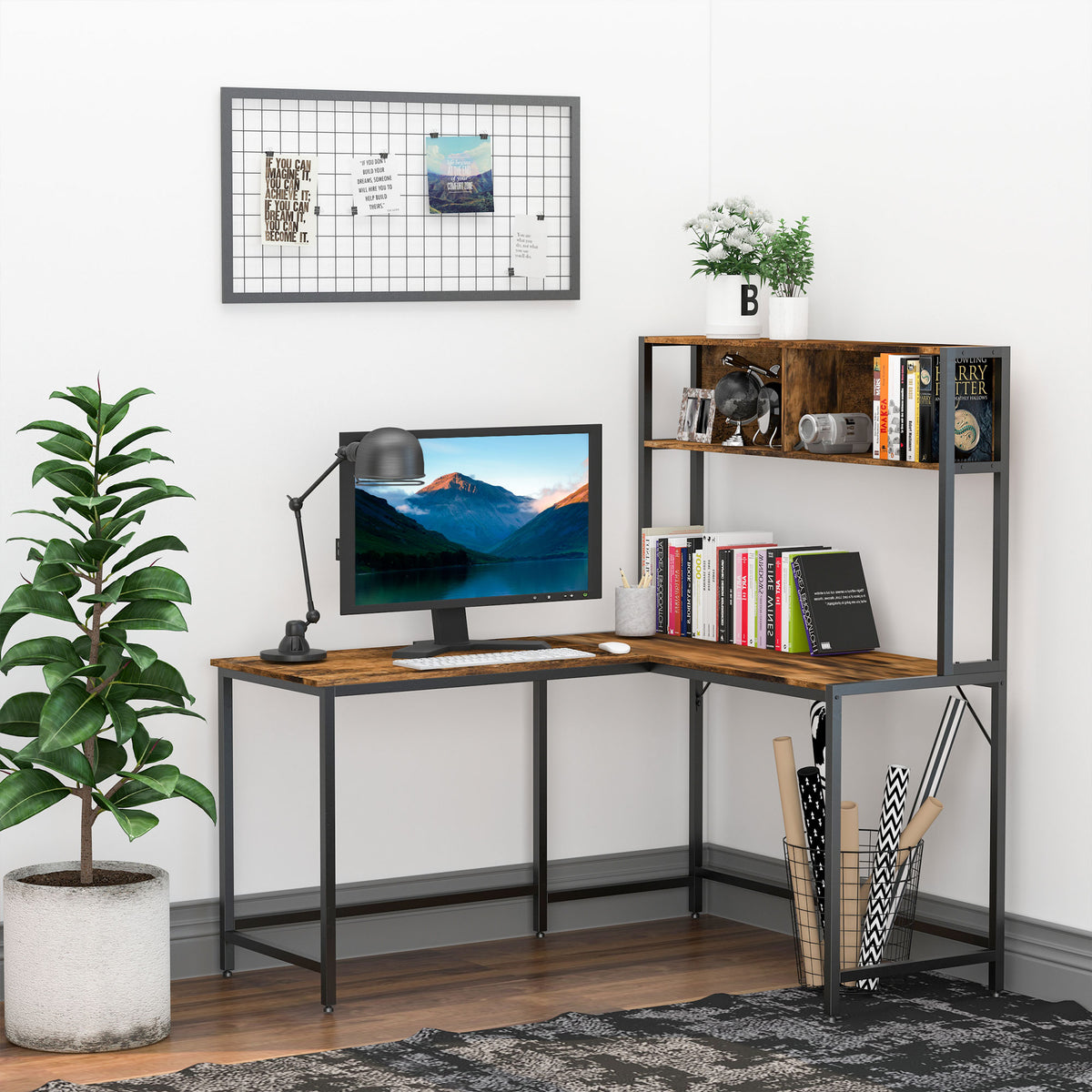 HOMCOM L Shaped Desk with Book Shelf, Industrial Corner Computer Desk, Writing Table with Steel Frame for Home Office, Bedroom, Study Room, 140 x 125cm, Brown