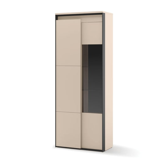 Tall beige wardrobe with glass panel on a white background